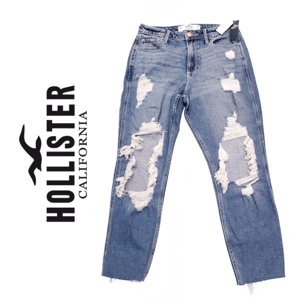 Hollister Curvy High-Rise Mom Distressed Blue Jeans Size W27xL27